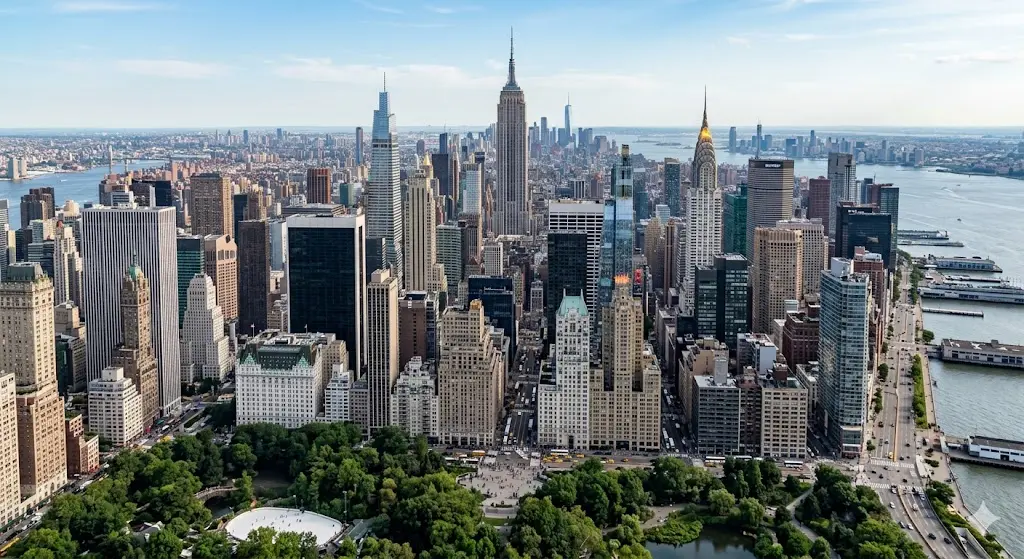 Aerial view of Midtown Manhattan skyline in New York City with the Empire State Building and East River.